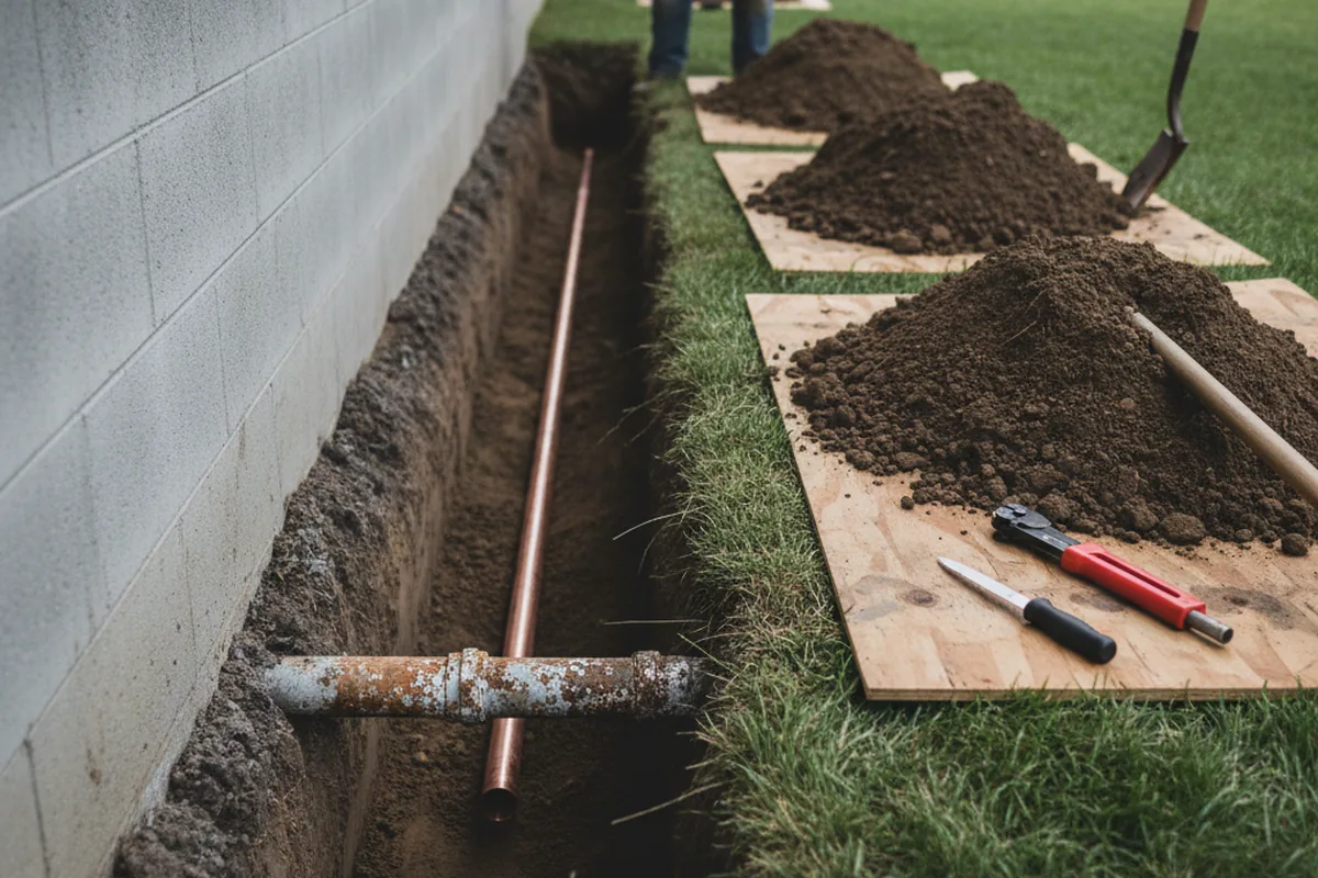 Excavated water line trench during Water Softener Installation in Weston